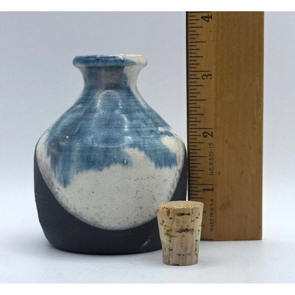 Raku Studio Art Ceramic Pottery Vase Signed With Cork Stopper Blue White 3.5 in - Picture 7 of 10